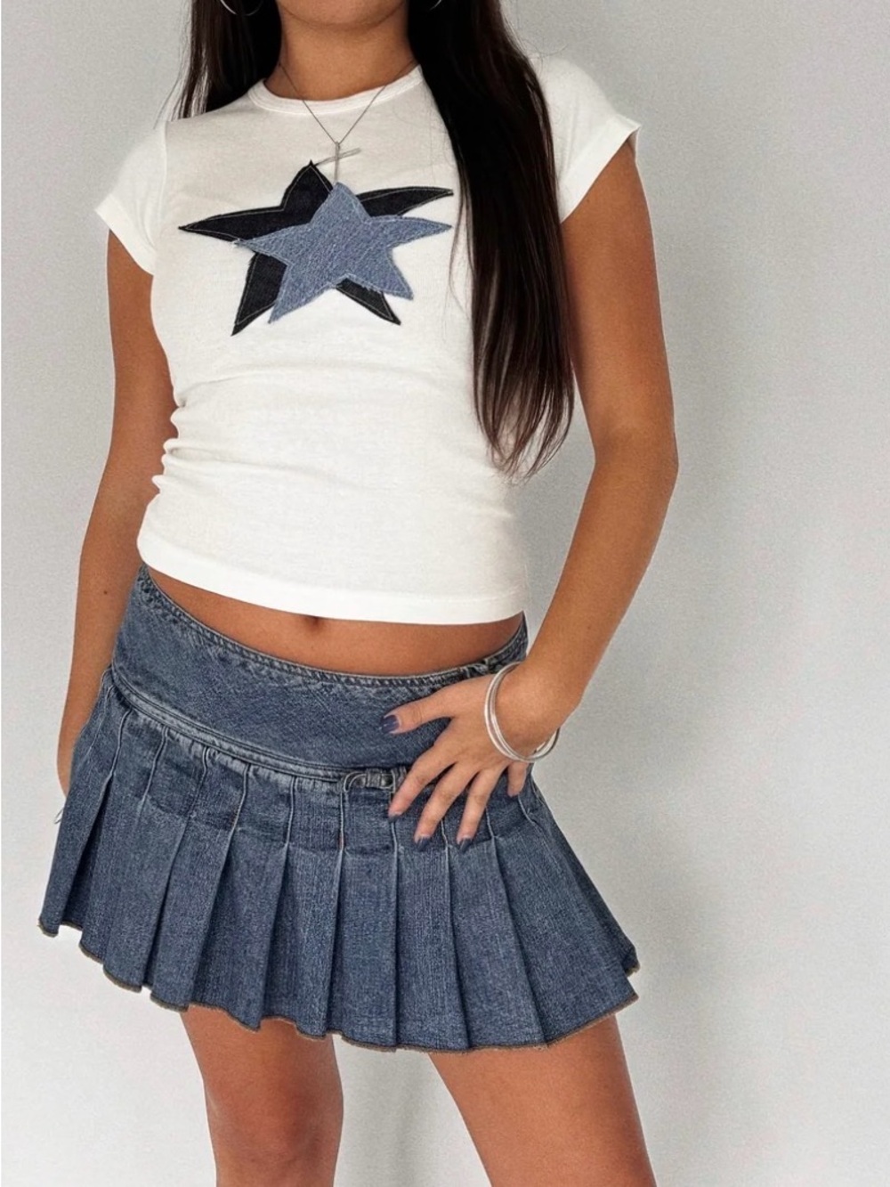 White Baby Tee w Distressed Denim Star Y2K Miami Boutique Top Size L (fits S/M)